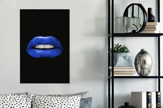 Canvas schilderij 40x60 cm - Wanddecoratie Lippen - Geld - Blauw - Muurdecoratie woonkamer - Slaapkamer decoratie - Kamer accessoires - Schilderijen op canvas