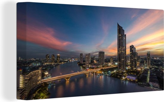 Canvas Schilderij Thailand - Rivier - Skyline - 80x40 cm - Wanddecoratie