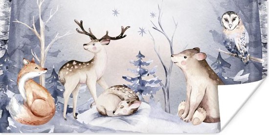 Poster Schilderij - Winter - Dieren - 80x40 cm - Kerstmis Decoratie - Kerstversiering - Kerstdecoratie Woonkamer - Kerstversiering - Kerstdecoratie voor binnen - Kerstmis