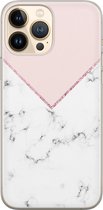 iPhone 13 Pro Max hoesje siliconen - Marmer roze grijs - Soft Case Telefoonhoesje - Bloemen - Transparant, Paars