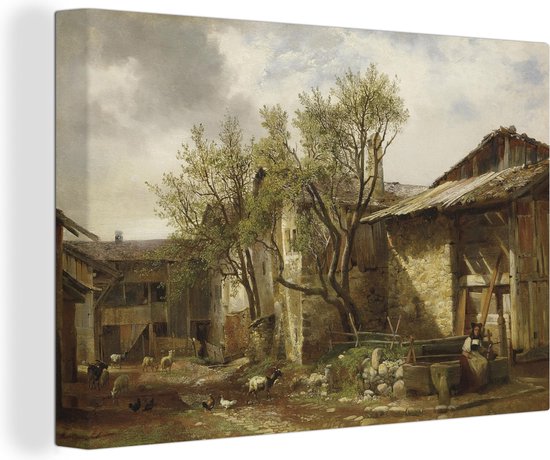 Peinture sur toile Une ferme avec une fermière et des animaux - Tableau d'Alexandre Calame - 30x20 cm - Décoration murale