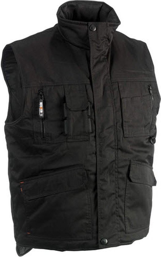 Zwarte bodywarmer met hoge kraag, rits en meerdere opgestikte zakken.