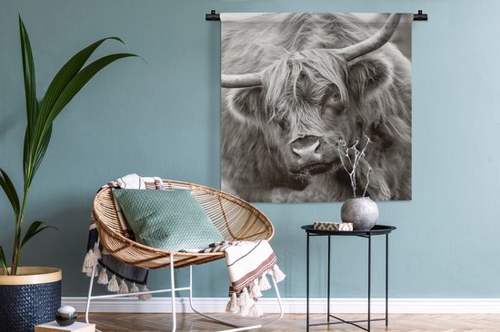 Wandkleed - Wanddoek - Schotse Hooglander - Zwart - Wit - Hoorns - 90x90 cm - Wandtapijt