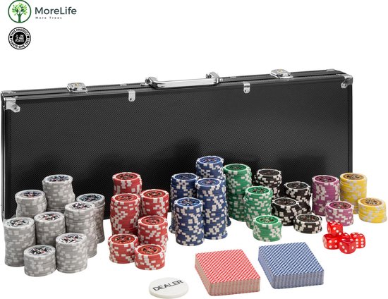 Afbeelding van het spel Morelife Pokerset |Volledige Pokerset 500 chips | Aluminium Pokerkoffer | Inclusief 2 × Kaartspel | De beste Pokerset | 5 Dobbelstenen | Sleutels | Dealer button