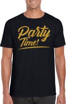 Party time t-shirt zwart met gouden glitter tekst heren tijd - Glitter en Glamour goud party kleding shirt XXL