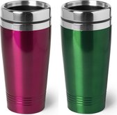 Set van 2x stuks Warmhoudbekers/warm houd bekers metallic roze en groen 450 ml