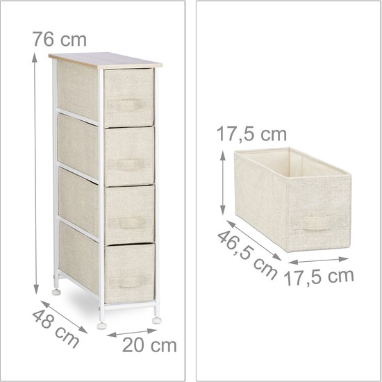Afmetingen van een beige ladekast met 4 stoffen lades en een houten blad: hoogte 76 cm, breedte 20 cm, diepte 48 cm. Naast de kast een losse lade met afmetingen 46,5 x 17,5 x 17,5 cm.