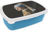 Broodtrommel Blauw - Lunchbox - Brooddoos - Meisje met de parel - Vermeer - Bril - 18x12x6 cm - Kinderen - Jongen