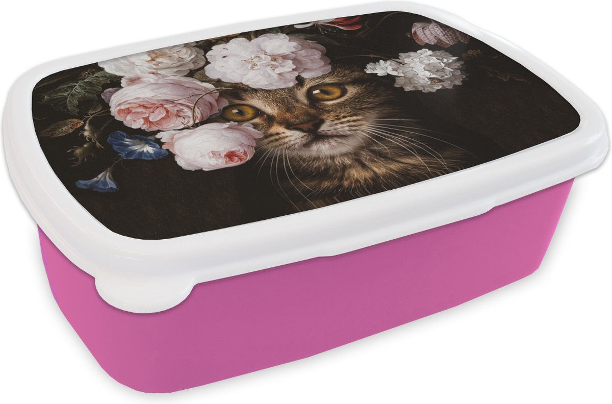 Broodtrommel Roze - Lunchbox - Brooddoos - Kat - Bloemen - Kunst - 18x12x6 cm - Kinderen - Meisje