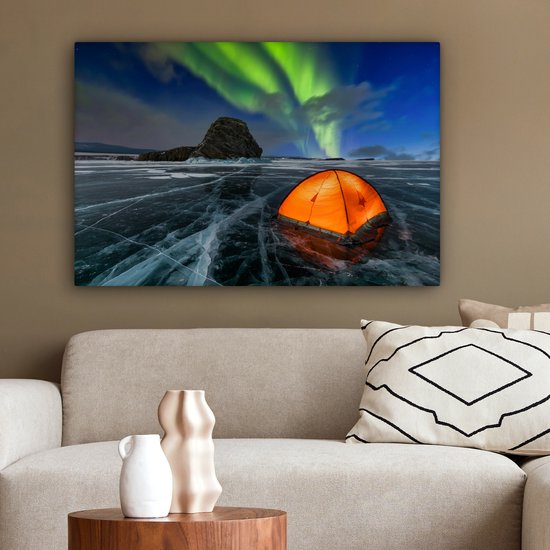 Tente sur la glace sous les aurores boréales toile 2cm 90x60 cm - Tirage photo sur toile (Décoration murale salon / chambre) / phénomènes naturels Peintures sur toile