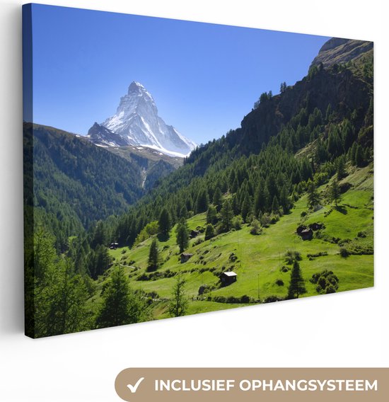 Canvas Schilderij Zwitserse Alpen in Matterhorn met groene bomen - 30x20 cm - Wanddecoratie
