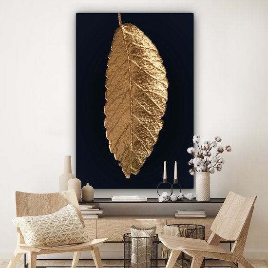 Suspension feuille d'or sur fond noir toile 2cm 120x180 cm - Tirage photo sur toile (Décoration murale salon / chambre) XXL / Groot format!