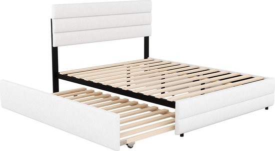 Merax Lit double 140 x 200 - Cadre de lit avec 2 tiroirs et lit gigogne supplémentaire 90 x 190 - Wit