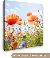 Canvas Schilderij Bloemen - Klaproos - Lente - Natuur - Rood - Blauw - 90x90 cm - Wanddecoratie