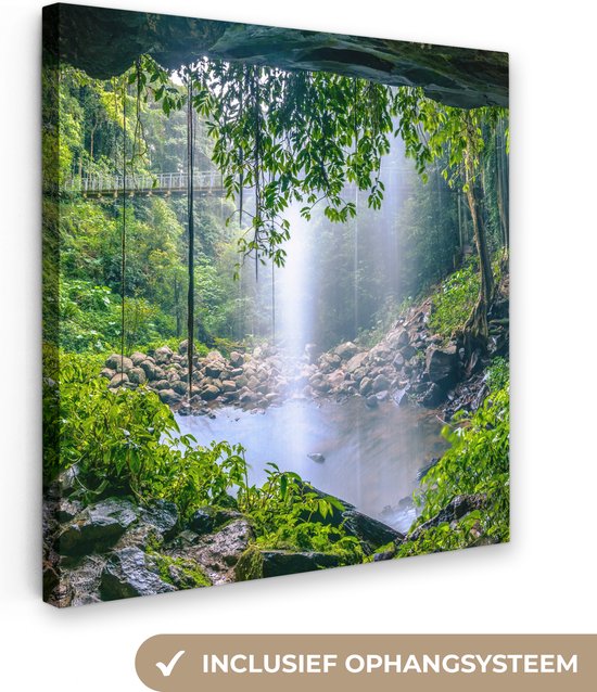 Canvas Schilderij Jungle - Regenwoud - Water - Waterval - Planten - 90x90 cm - Wanddecoratie
