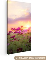 Canvas Schilderij Zonsondergang - Bloemen - Roze - Natuur - Groen - 40x80 cm - Wanddecoratie