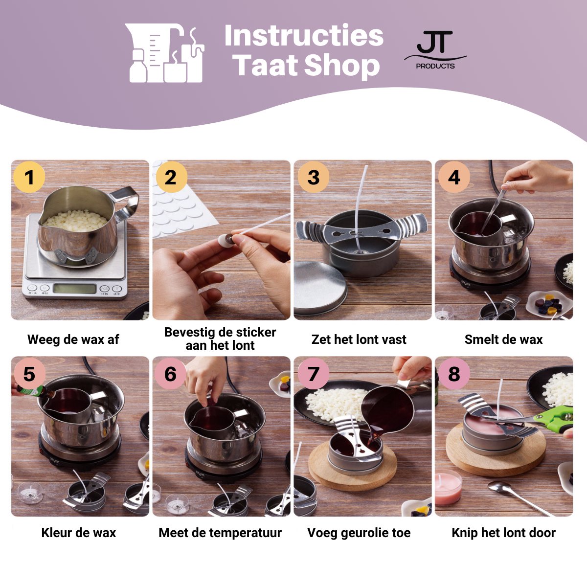 JT Products Kaarsen Maken Set - 240 Gram Soja Was - E-book - Starterspakket - Kaarsen Maken Voor Volwassenen - Candle Making Kit - Zelf Kaarsen Maken - DIY - Creatief - Soja Wax - Moederdag Cadeau - Cadeautje Voor Mama — afbeelding 11