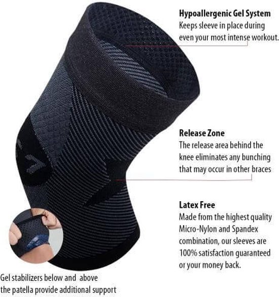 Zwarte compressie kniebrace met "Hypoallergeen gel systeem" en "Release zone" achter de knie.