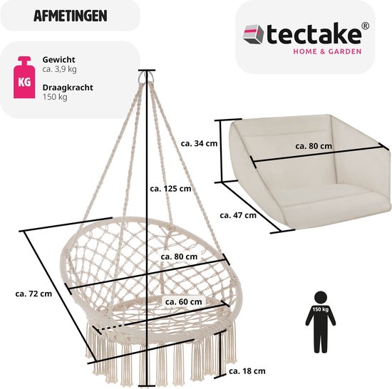 tectake® - hangstoel met kussen, geschikt voor slaapkamer decoratie binnenshuis, als schommelstoel of buitengebruik als tuinmeubel, balkonmeubel en rotanstoel, ondersteunt 150 kg - beige
