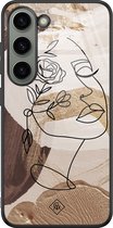 Casimoda® hoesje - Geschikt voor Samsung Galaxy S23 - Abstract Gezicht Bruin - Luxe Hard Case Zwart - Backcover telefoonhoesje - Bruin/beige