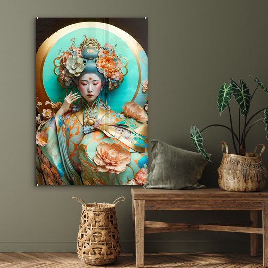 ® Glasschilderij 80x120 cm - Schilderij acrylglas - Vrouw - Kimono - Bloemen - Goud - Portret - Foto op glas - Muurdecoratie woonkamer - Wanddecoratie slaapkamer - Schilderijen
