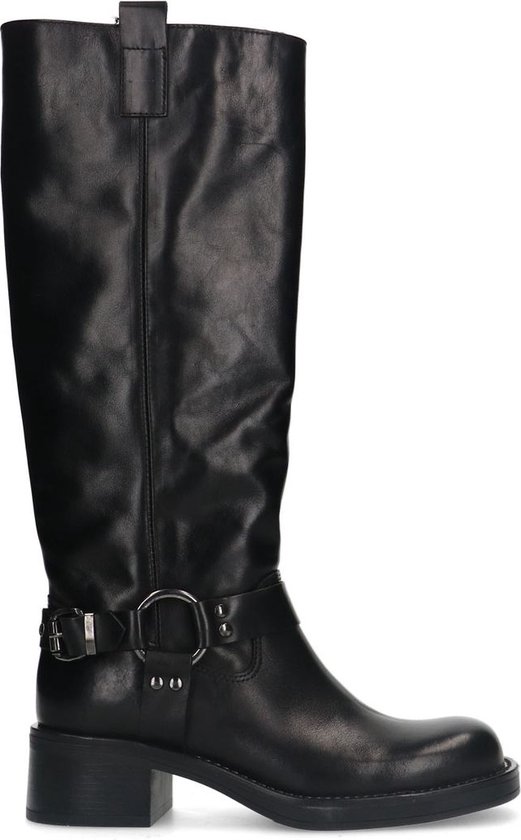 Manfield - Dames - Zwarte leren hoge biker boots - Maat 42