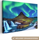 Canvas schilderij - Noorderlicht - Sterrenhemel - IJsland - Berg - Groen - Schilderijen woonkamer - Canvas doek - 90x60 cm - Muurdecoratie