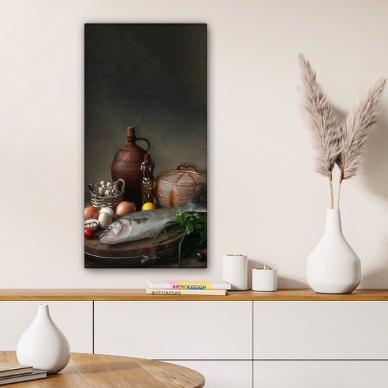 Peinture sur toile rustique - Poisson - Nature morte - Légumes - Herbes - 40x80 cm - Décoration murale