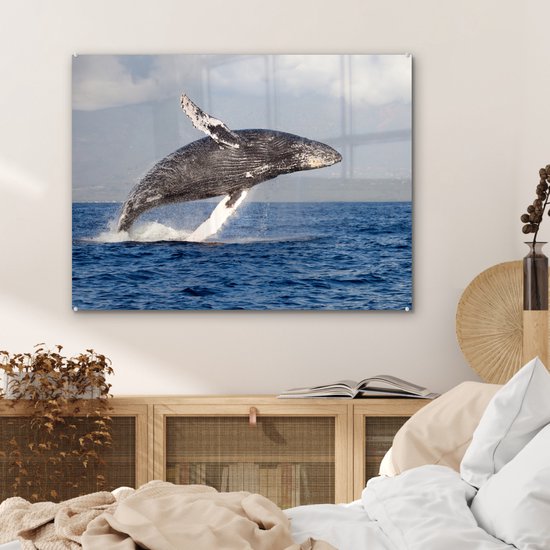 MuchoWow® Peinture sur verre 80x60 cm - Peinture sur verre acrylique - Une baleine à bosse sautant hors de l'eau - Photo sur verre - Peintures