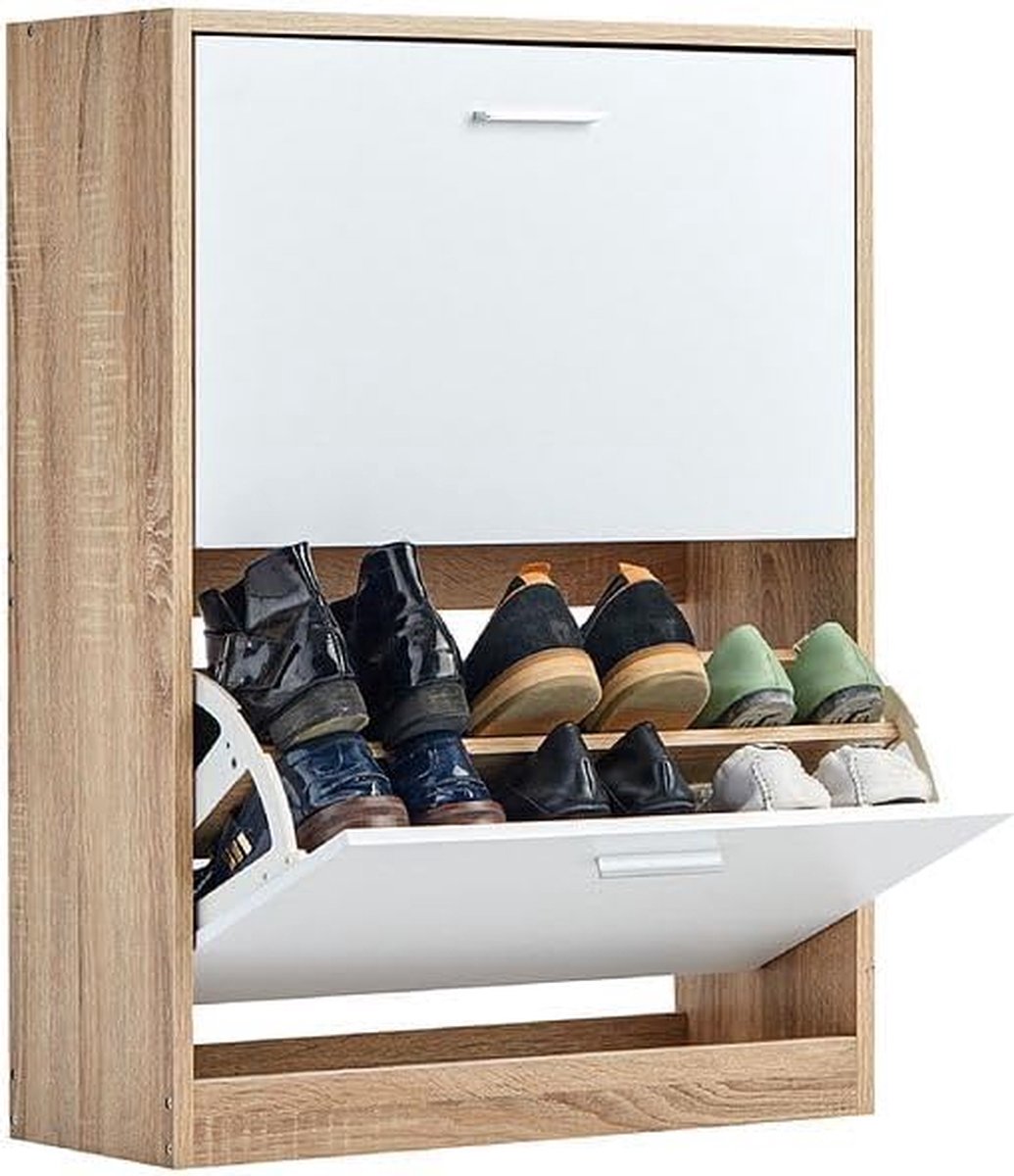 Merk-loos 12 Paar Schoenopbergers Grote stellingkast voor in de gang MDF Hout Stijl -Scandinavisch Design 2 kleppen B60xD24xH80 cm Licht Hout Wit