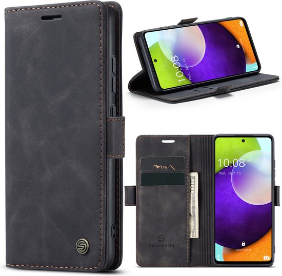 Étui de téléphone Samsung A53 - Solidenz Urban Bookcase A53 - Étui de téléphone A53 - Étui A53 avec porte-cartes - Étui en cuir PU - Chargement sans fil - Noir