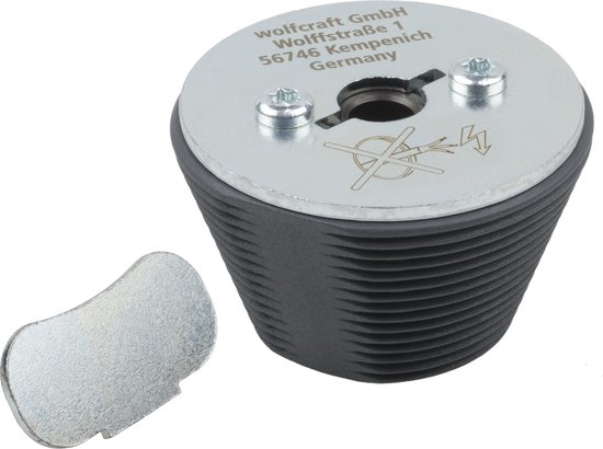 Wolfcraft adapter met metalen bovenkant, schroeven en zwarte rubberen ribbelrand.