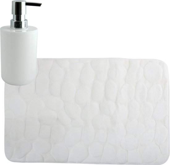 MSV badkamer droogloop mat/tapijt Kiezel motief - 50 x 80 cm - zelfde kleur zeeppompje 260 ml - ivoor wit
