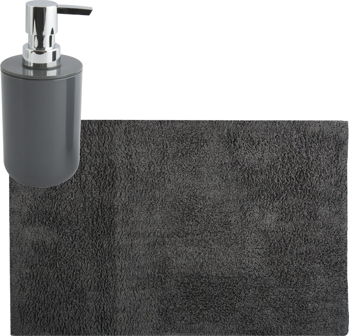 MSV badkamer droogloop mat tapijt 40 x 60 cm met zelfde kleur zeeppompje 260 ml donkergrijs