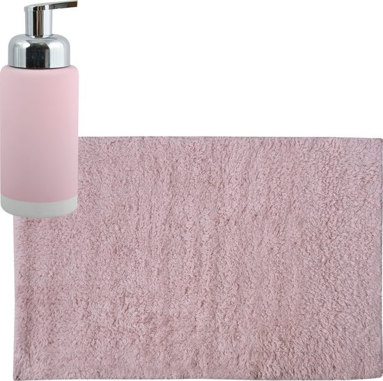 Tapis/tapis de séchage de salle de bain MSV - 40 x 60 cm - avec pompe à savon de la même couleur 300 ml - rose clair