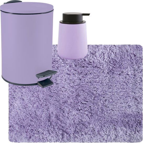 MSV badkamer droogloop tapijt langharig 50x70 cm - pedaalemmer 3L - zeeppompje 300 ml - lila paars