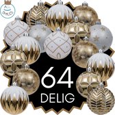 XL Premium Kerstballen Set Wit / Goud - 64 Delige Set - Kerstboomdecoratie - Kerstversiering - Kerstballen plastic - All Smiles Magic Collection - Onbreekbaar - Kerstballen - Verschillende Afwerkingen - Kerstboom Kerstballen