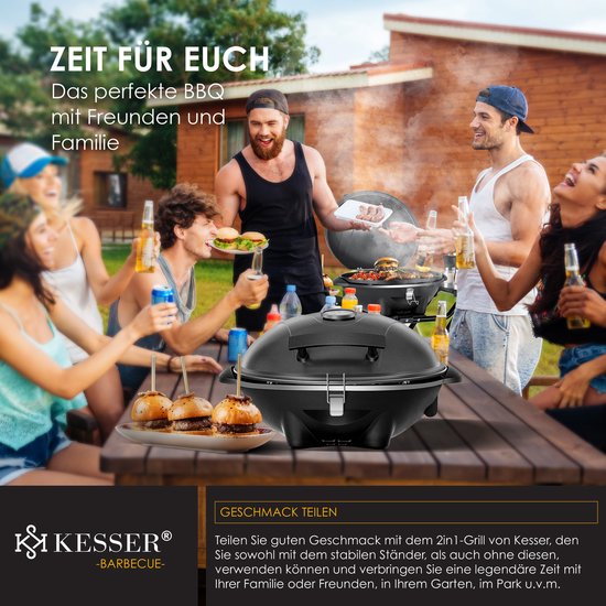 KESSER® Elektrische Barbecue 2in1 Tafelgrill 2400W - Staande Grill BBQ met deksel, Thermometer en Grillplaat - Tafelbarbecue Antiaanbaklaag met Opbergtafel en 2 wielen - Zwart van KESSER — afbeelding 2