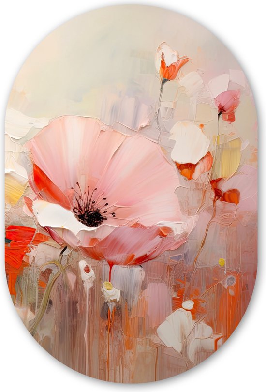 Muurovaal 40x60 cm - Wandovaal Bloemen - Watercolor - Roze - Abstract - Kunst - Kunststof wanddecoratie - Ovalen schilderij - Muurdecoratie woonkamer - Schilderijen - Ovale spiegel vorm op kunststof