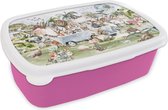 Broodtrommel Roze - Lunchbox - Brooddoos - Jungle - Bus - Dieren - Kinderen - Planten - 18x12x6 cm - Kinderen - Meisje