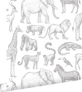 ESTAhome behang jungle dieren wit en grijs - 0.53 x 10.05 m - 139691