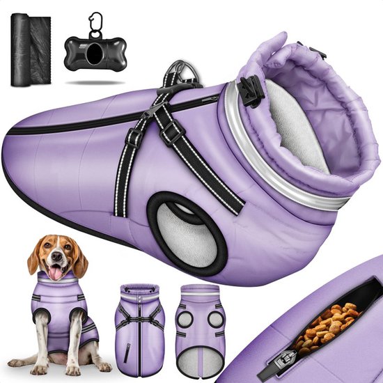 Waterdichte Hondenjas Met Tuig – Gevoerd Fleece – Reflecterend – Voor Grote Honden 4XL – Zwart – Winter & Regen