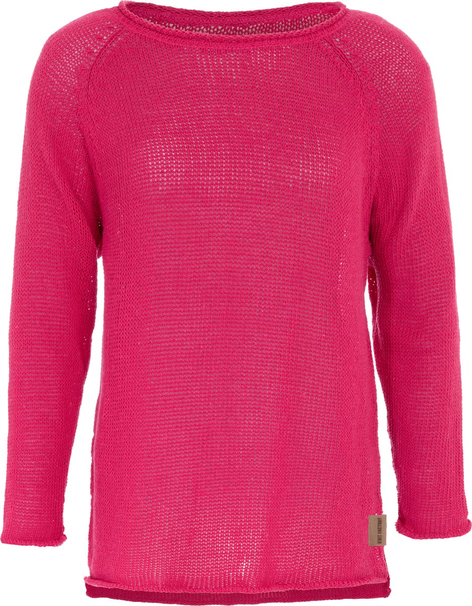 Knit Factory Jasmin Gebreide Dames Trui - Trui dames - Pullover voor de lente en zomer - Zomer trui dames - Damestrui - Duurzaam & milieuvriendelijk - Boothals - Lange mouw - Fuchsia - 36/38 - 80% Gerecycled katoen