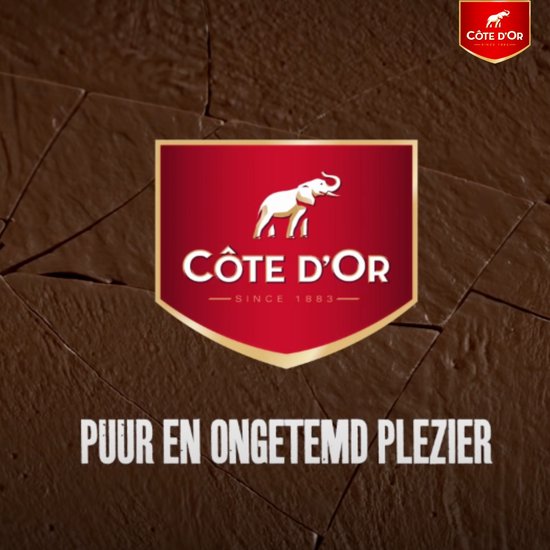 Cote d'Or logo met de tekst 'Puur en ongetemd plezier'.