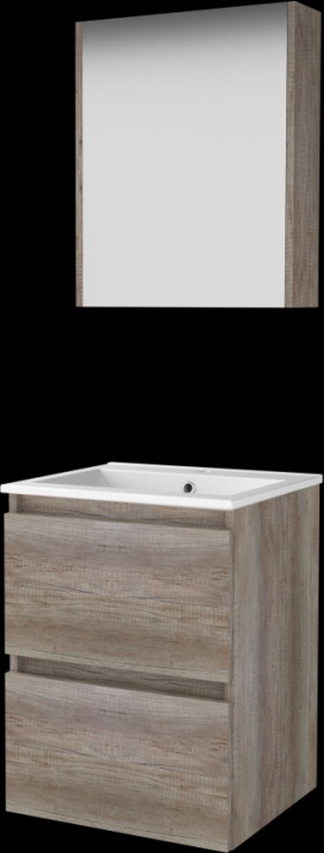 Basic Comfort 46 badmeubelset met spiegelkast, greeploze wastafelonderkast met 2 lades en porseleinen wastafel met 1 kraangat 50 x 46 cm, scotch oak