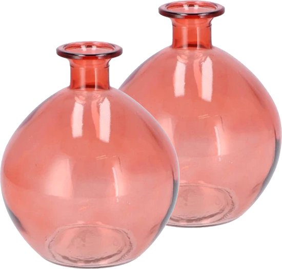 DK Design Bloemenvaas rond model - 2x - helder gekleurd glas - koraal roze - D13 x H15 cm