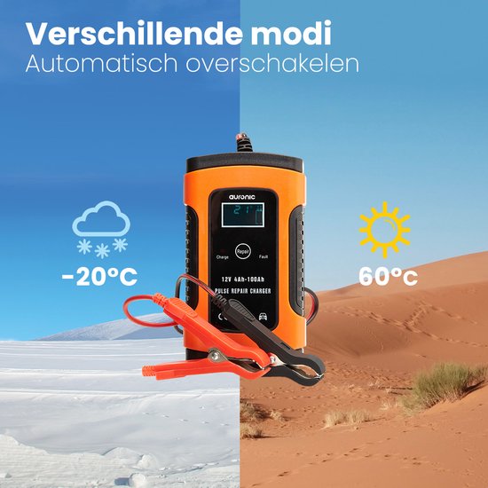 Auronic Acculader - Druppellader - voor Auto en Motor - 12V - tot 100Ah - Oranje - Auronic