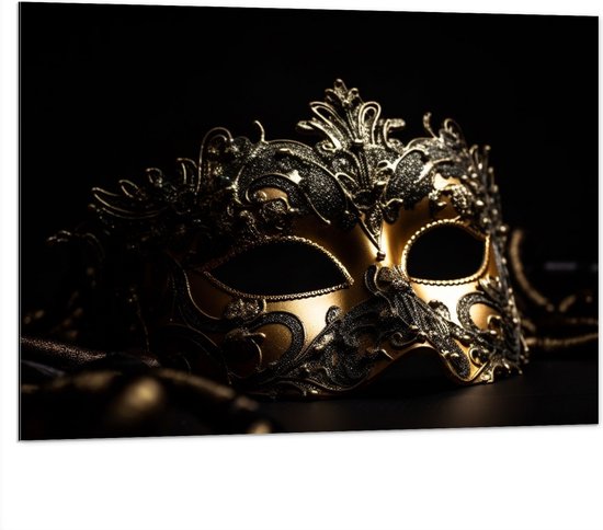 Dibond - Masker - Zwart - Goud - 100x75 cm Foto op Aluminium (Met Ophangsysteem)