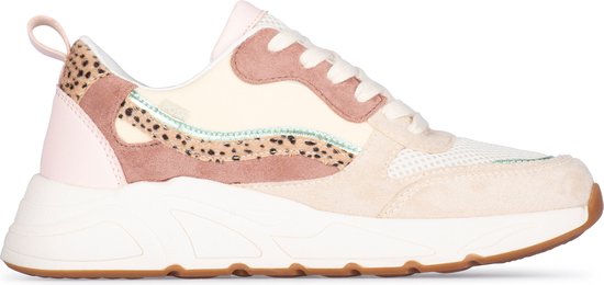 Lichtbeige lage sneaker met panterprint, roze en groene details.