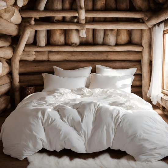 Wit donsdeken op een bed in een rustieke houten slaapkamer, met een zachte vacht op de grond.